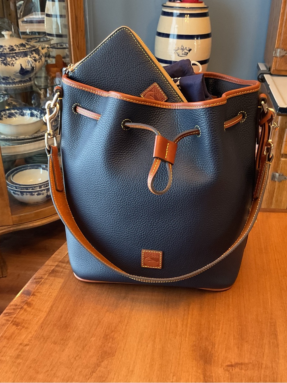 Dooney & Bourke Midnight Blue Pebbled Leather Drawstring Bucket Bag set